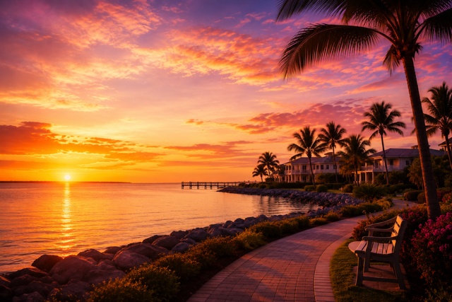 Florida sunset over waterfront with palm trees